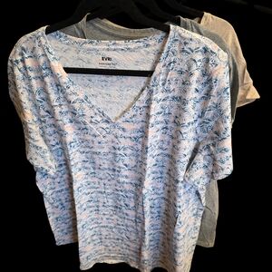 2X Set Of 3 EVRI & Sonoma V-Neck Short Sleeve Tops, Gray, Tan, Print